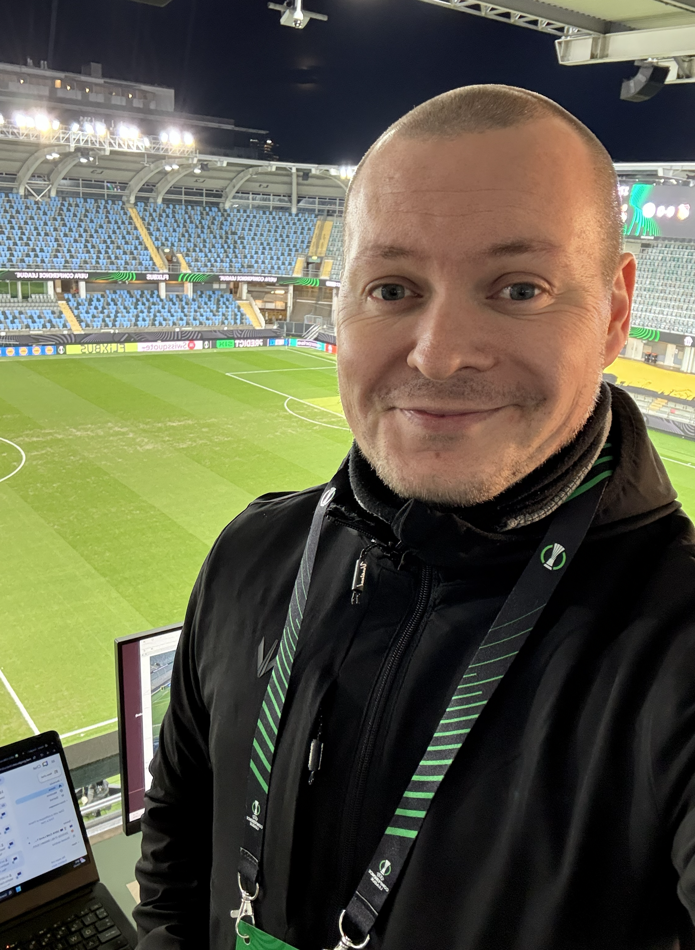 Sam Dearden supporting Hawk-Eye technology operations at a football stadium