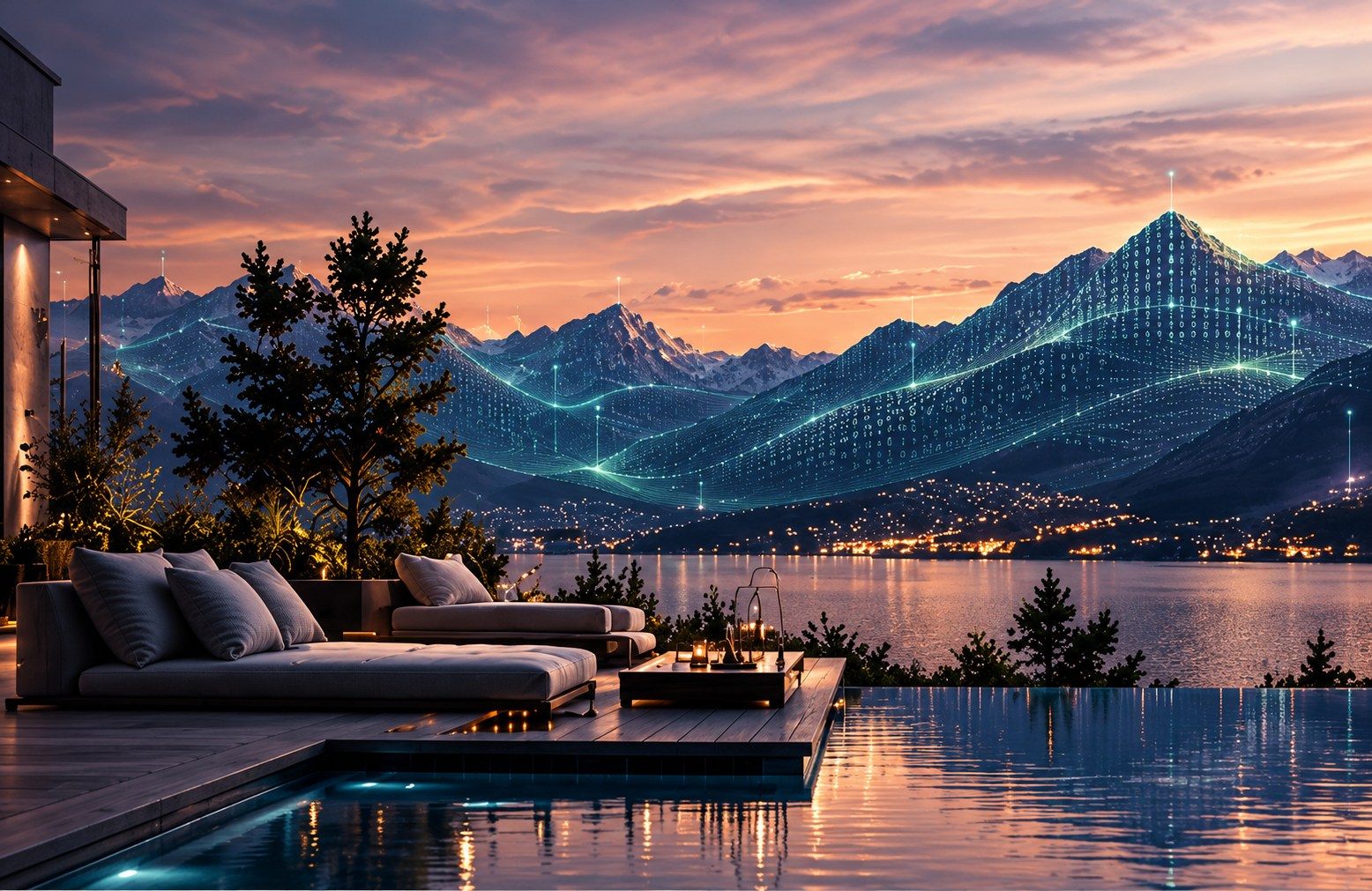 Illustrative lakeside retreat overlooking a mountain fjord at sunset, with digital network lines