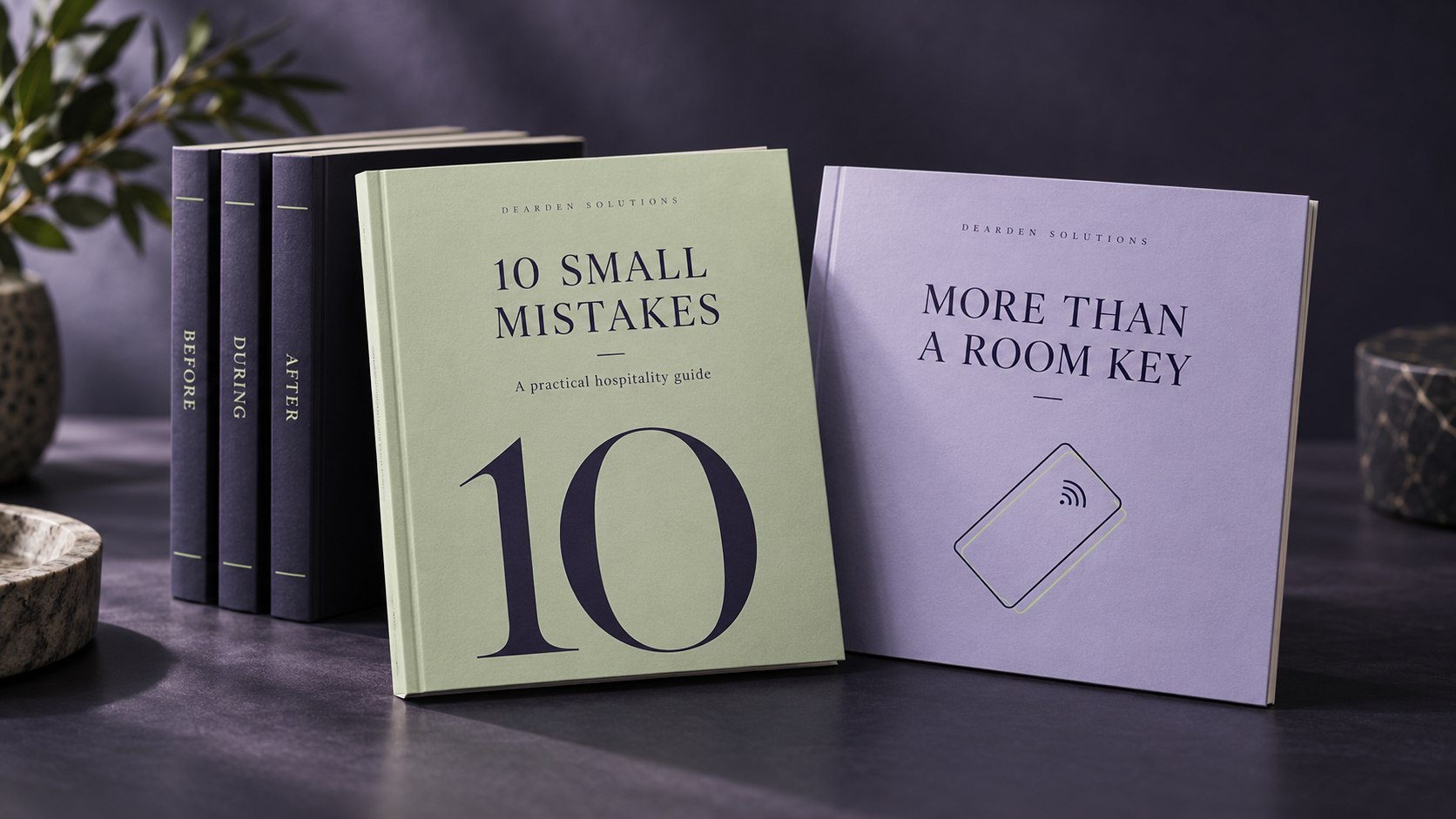 Illustrative sage and lavender covers for the free hospitality guides, with the upcoming Before, During and After collection behind them.