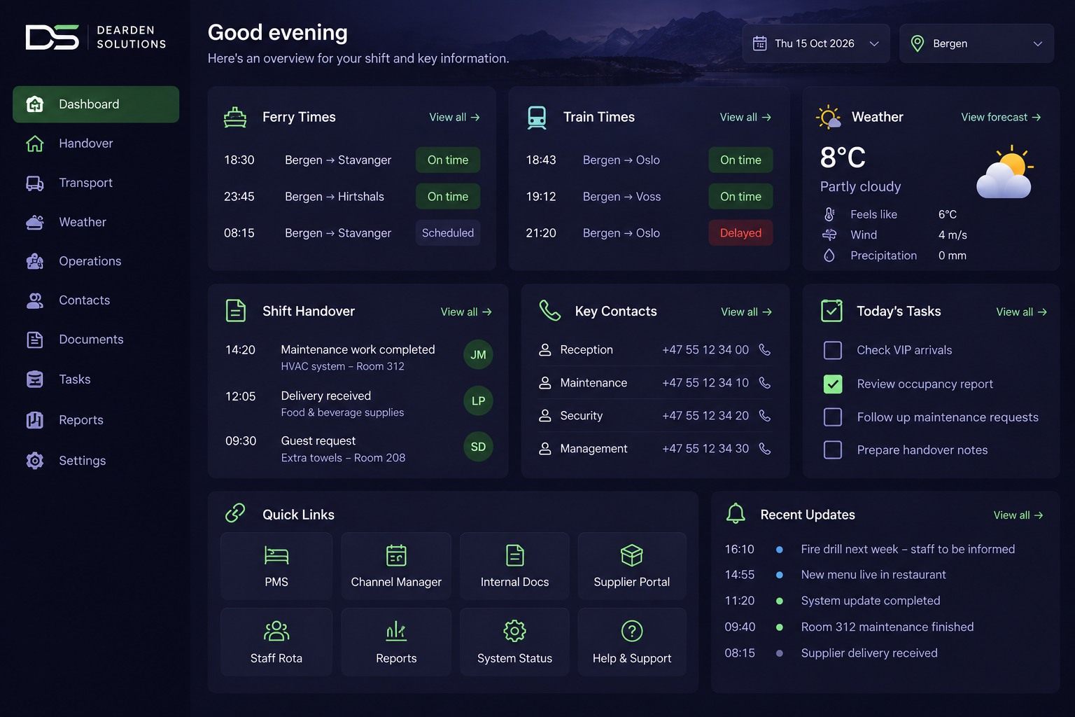 Dearden Solutions operations dashboard illustration showing shift handover, tasks, contacts, transport, weather and operational quick links.
