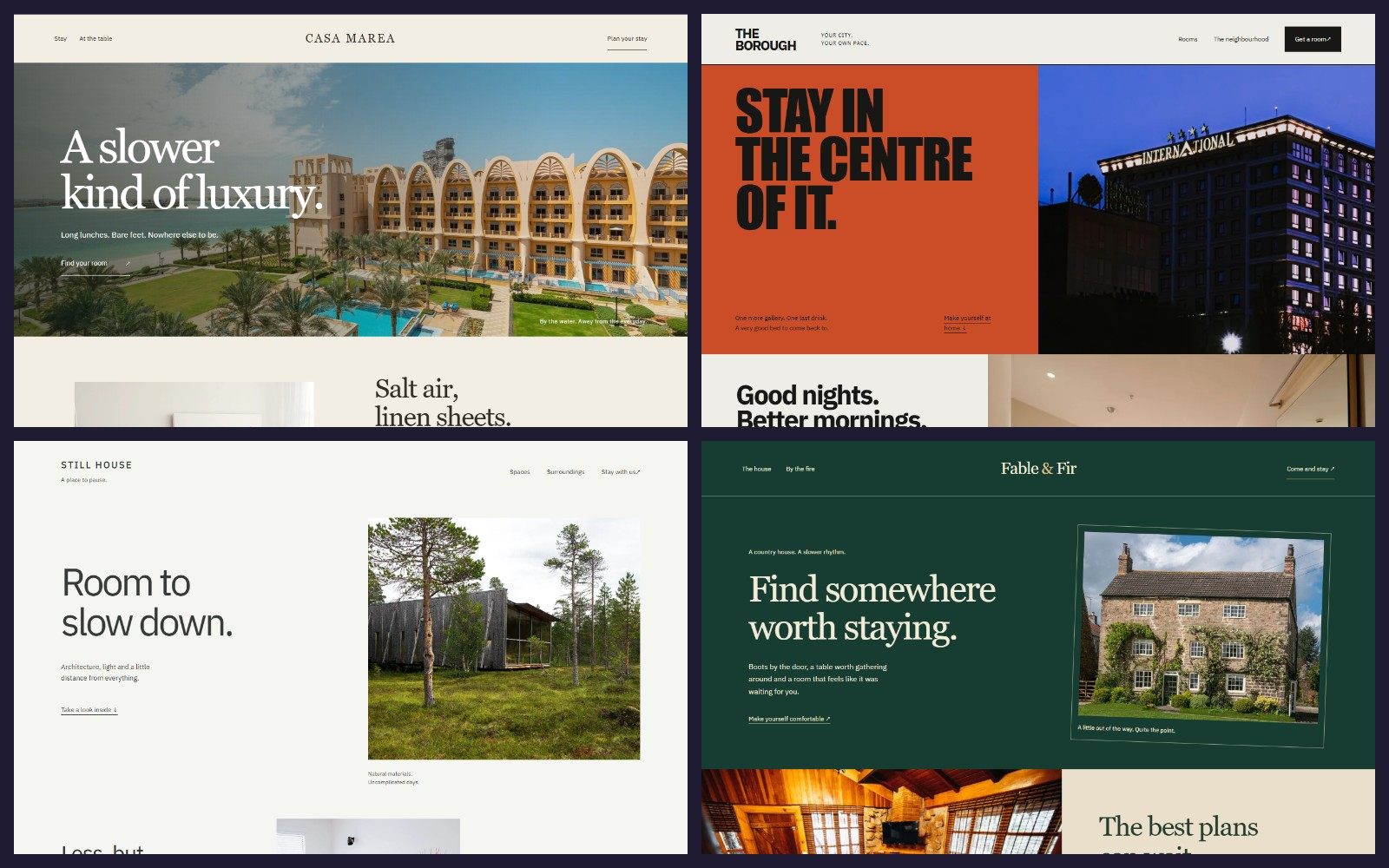 Four original hotel website concepts: Casa Marea's coastal resort, The Borough's bold city hotel, Still House's Nordic architecture and Fable & Fir's countryside retreat.